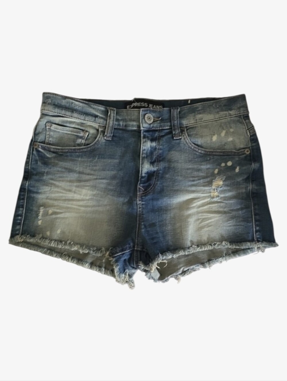 Express Shorts Women's Size 8 Blue Splatter Frayed-hem Rip + Repair
